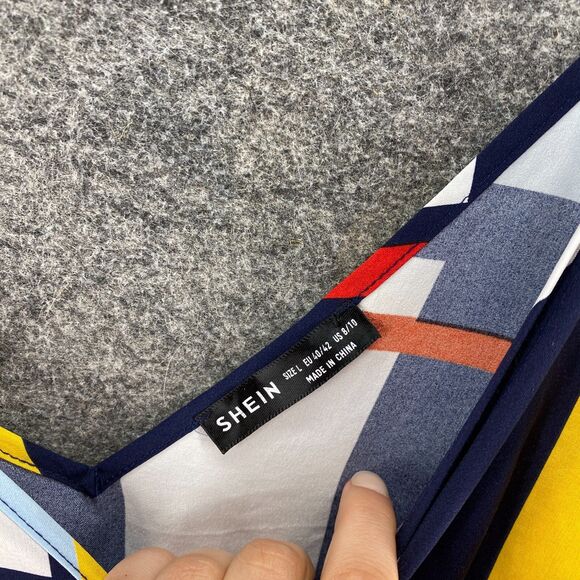 SheIn Dress Women L large Blue Geometric Shift Short V-Neck Sleeveless Casual - Picture 5 of 7